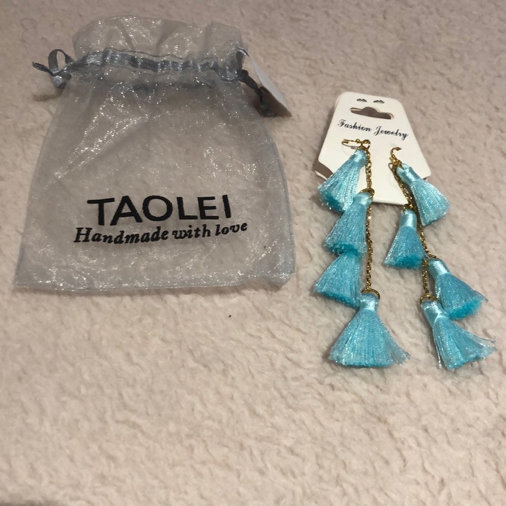 Baby blue and gold tassel earrings